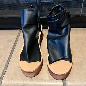 Black Wedge Pleather Sandals Size 7